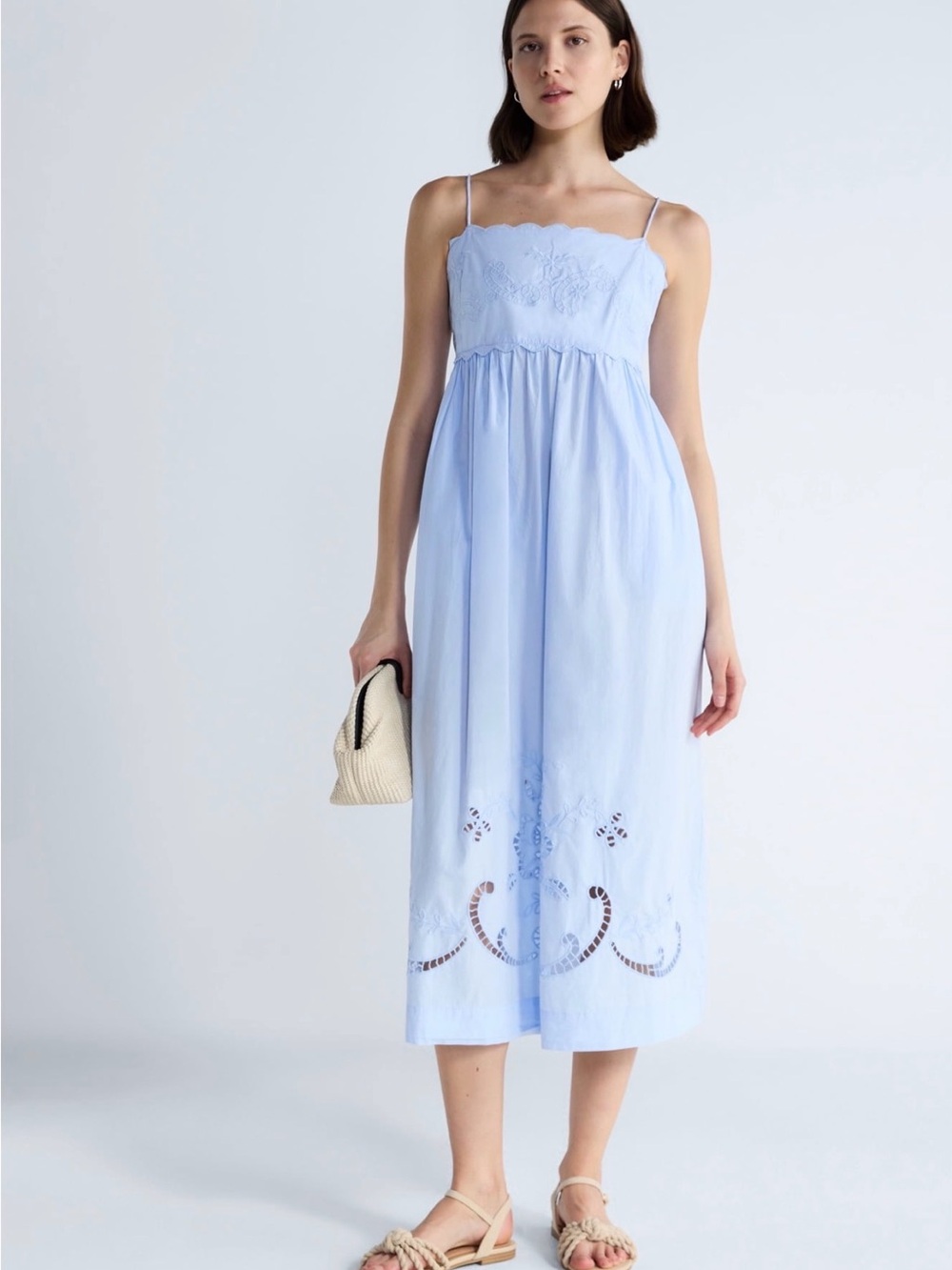 Light Blue Embroidered Spaghetti-Strap Midi Dress by